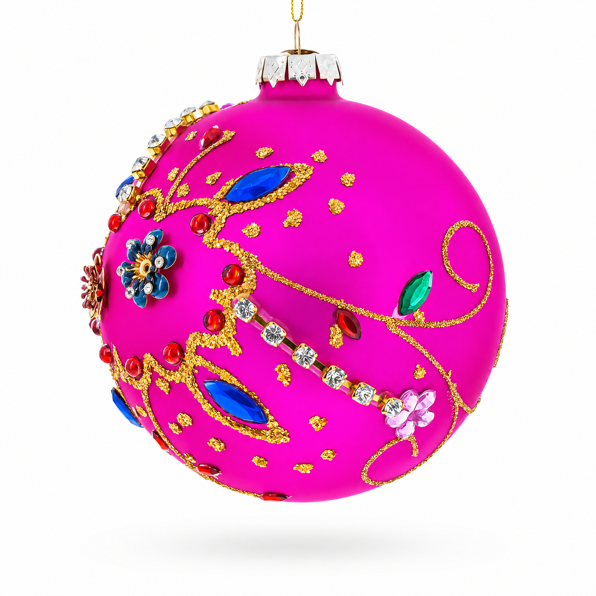Bright Fuchsia with Glitter and Gems Glass Ball Christmas Ornament