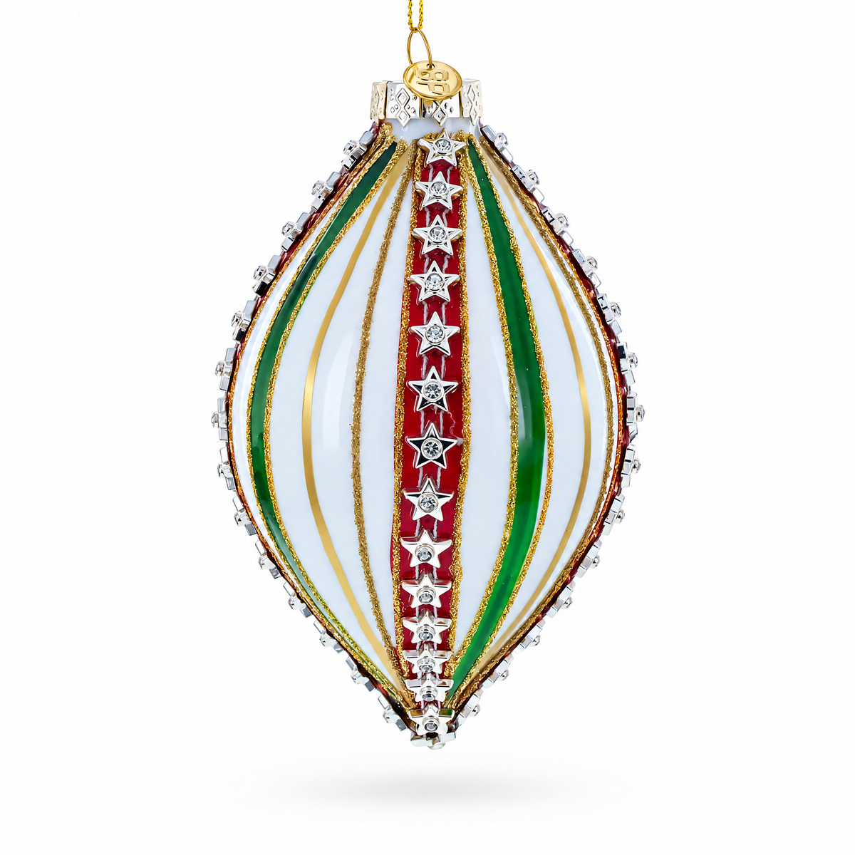 Striped White and Green Teardrop Finial Glass Christmas Ornament