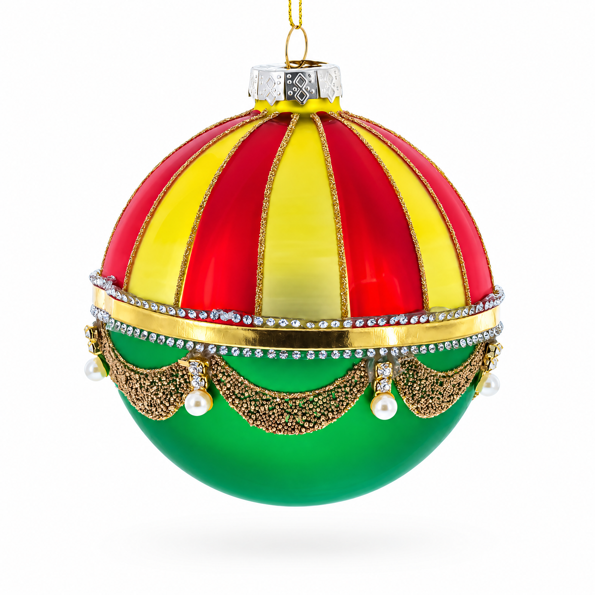 Red and Gold Dome with Green Drapes Glass Ball Christmas Ornament