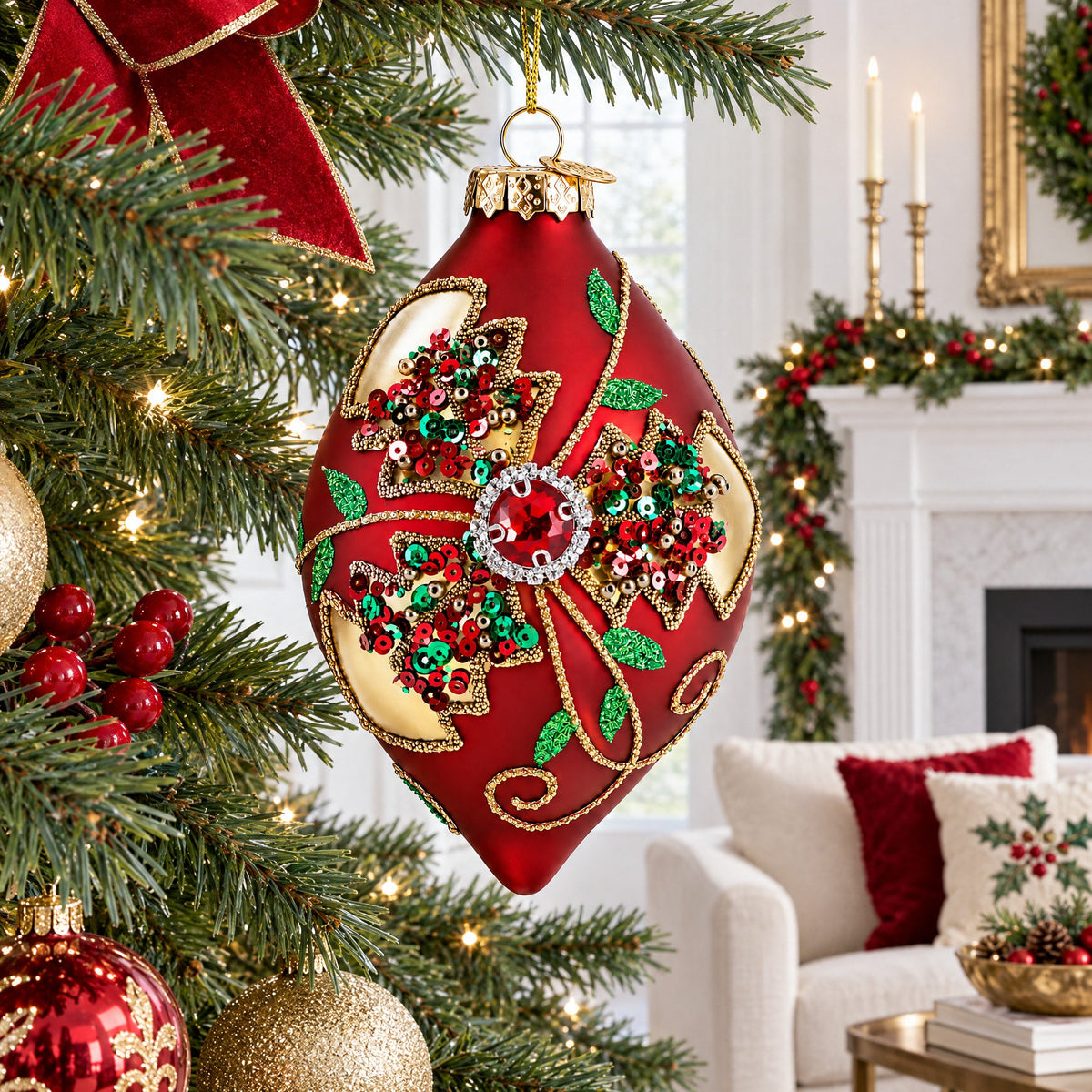 Red Teardrop with Jewel Center and Glitter Flowers Glass Christmas Ornament