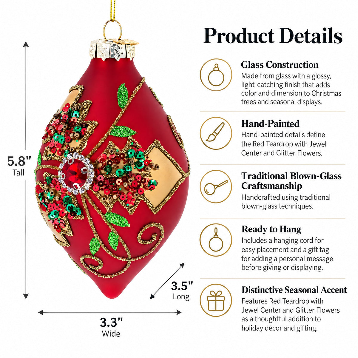 Red Teardrop with Jewel Center and Glitter Flowers Glass Christmas Ornament