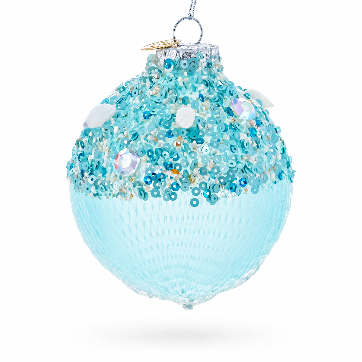 Sequins and Net Overlay Glass Ball Christmas Ornament