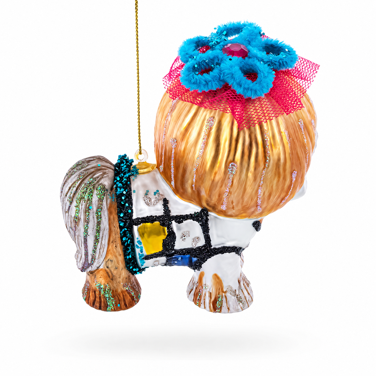 Shih Tzu with Teal Floral Headpiece Glass Christmas Ornament