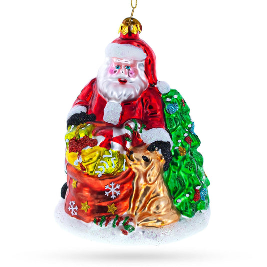 a santa claus and dog ornament