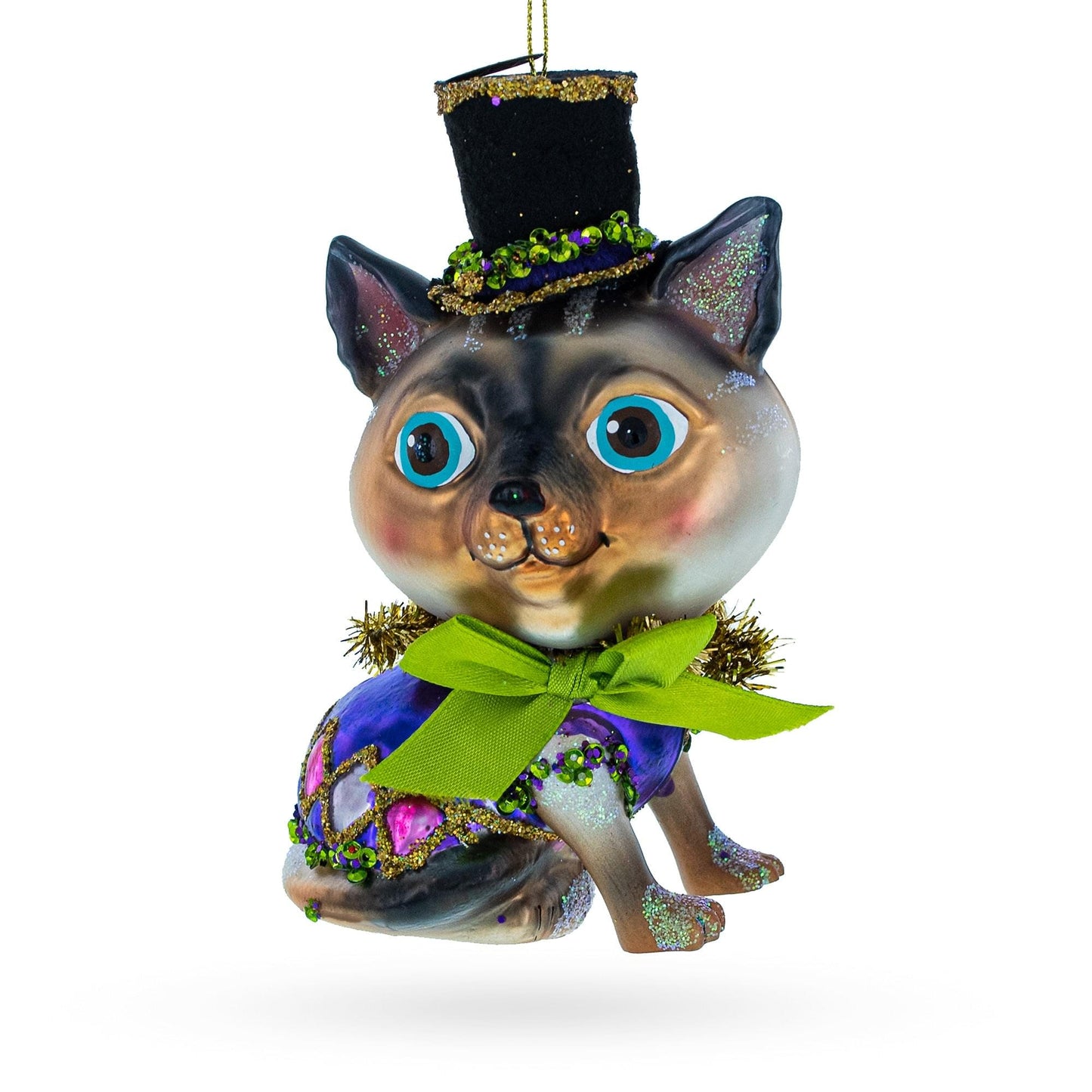 Cat in Top Hat with Bow Tie Glass Christmas Ornament
