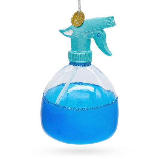 a blue spray bottle with a gold coin