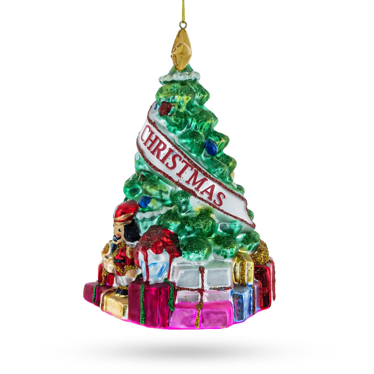 Charming Christmas Tree with Gifts Glass Christmas Ornament