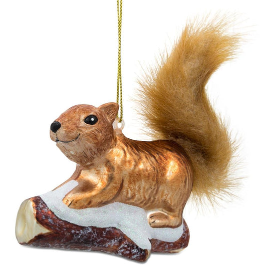 Squirrel on Snowy Branch Glass Christmas Ornament