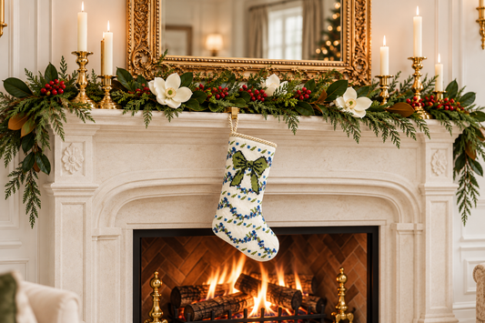 a fireplace with a decorated stocking over it