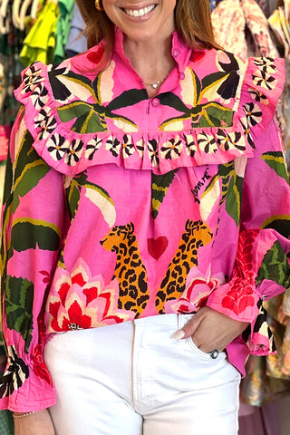 Rose Leopard Print Tropical Ruffle Blouse