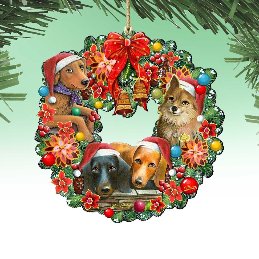 Christmas Friends Puppy Wreath Wooden Ornaments by G. DeBrekht and L. Seeley - Pets Dog and Cats Decor - 8185307-6-SL