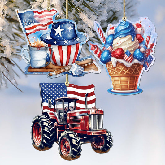 American Farmhouse Decorative Eco Wood Ornaments Set of 3 by G. Debrekht - Patriotic Decor - 8091001-S3