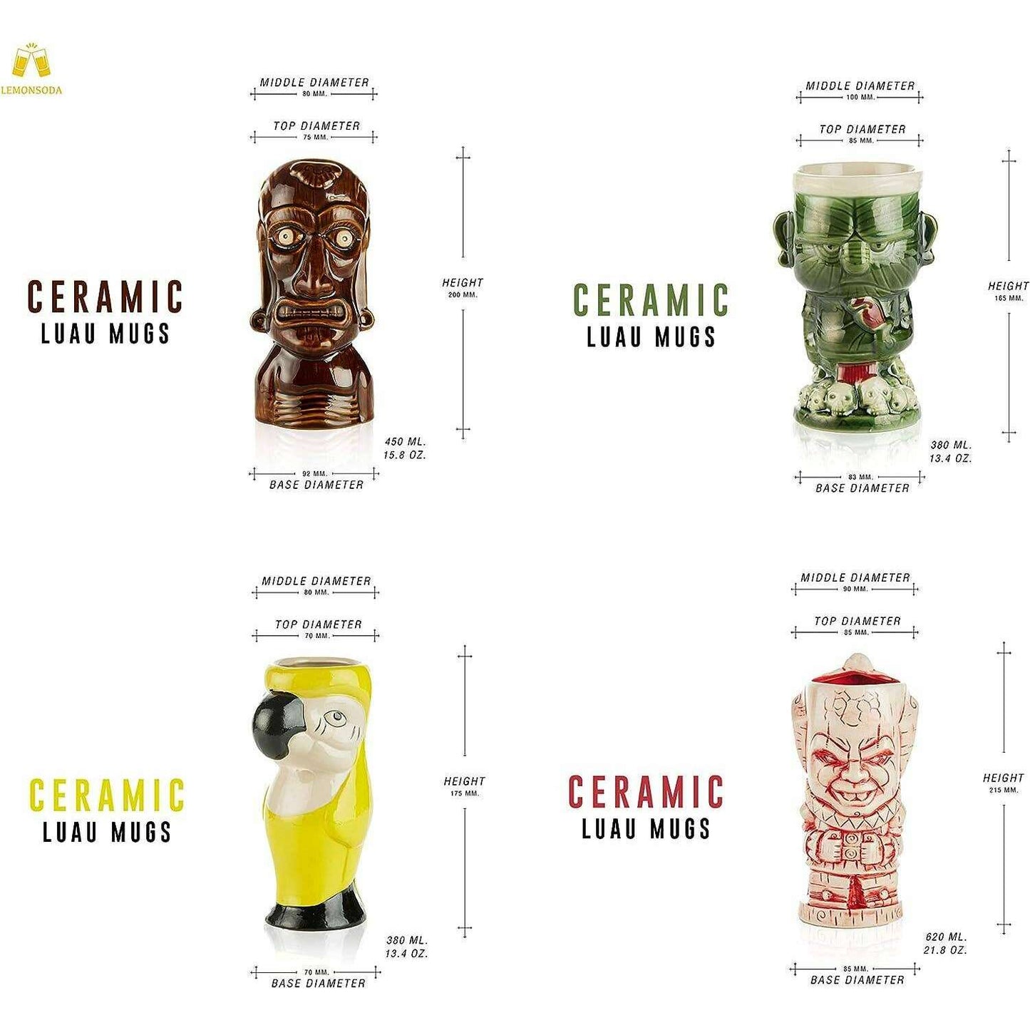 Ceramic Hawaiian Luau Tiki Mug Set of 4