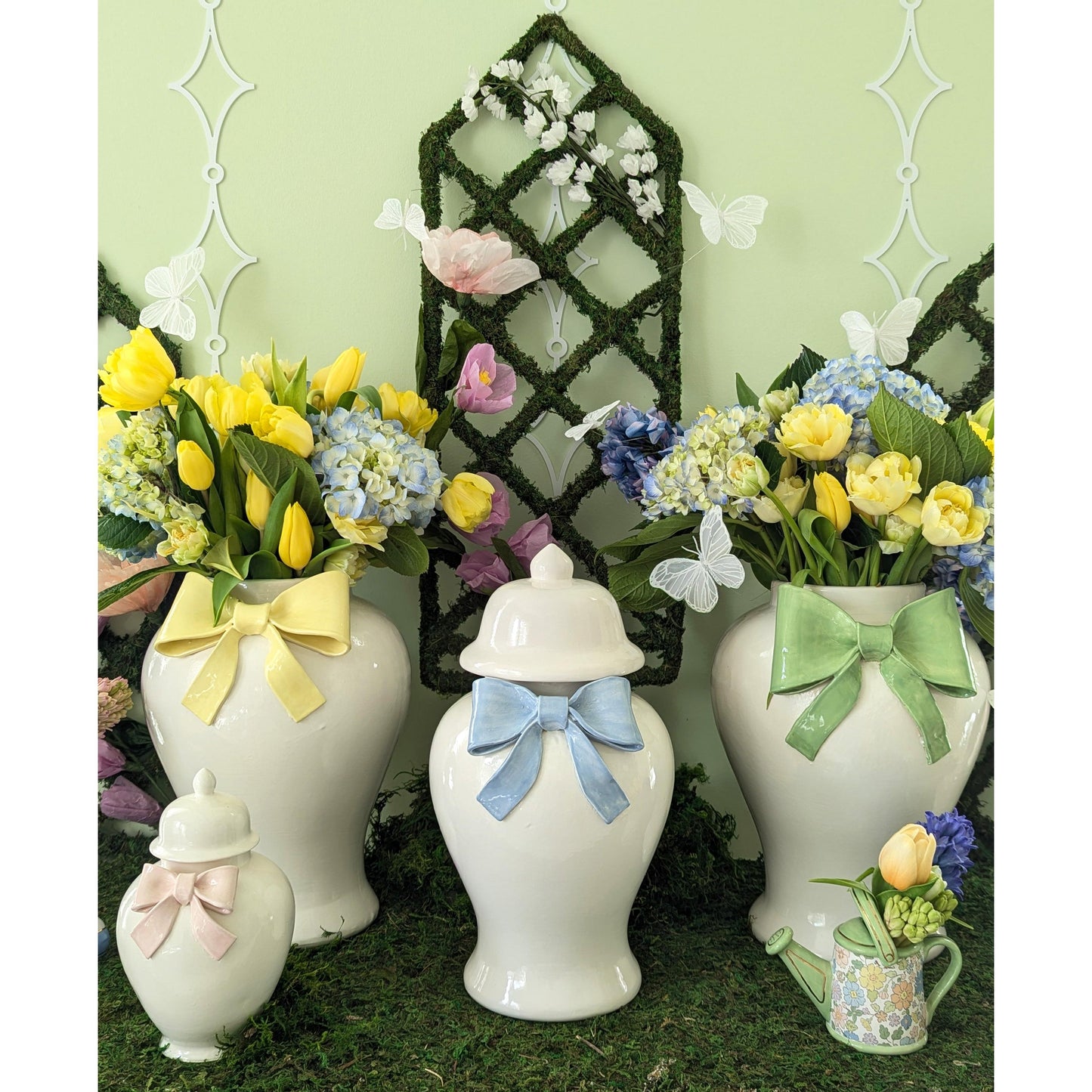 Ginger Jars with Sculpted Ceramic Bow in Sand