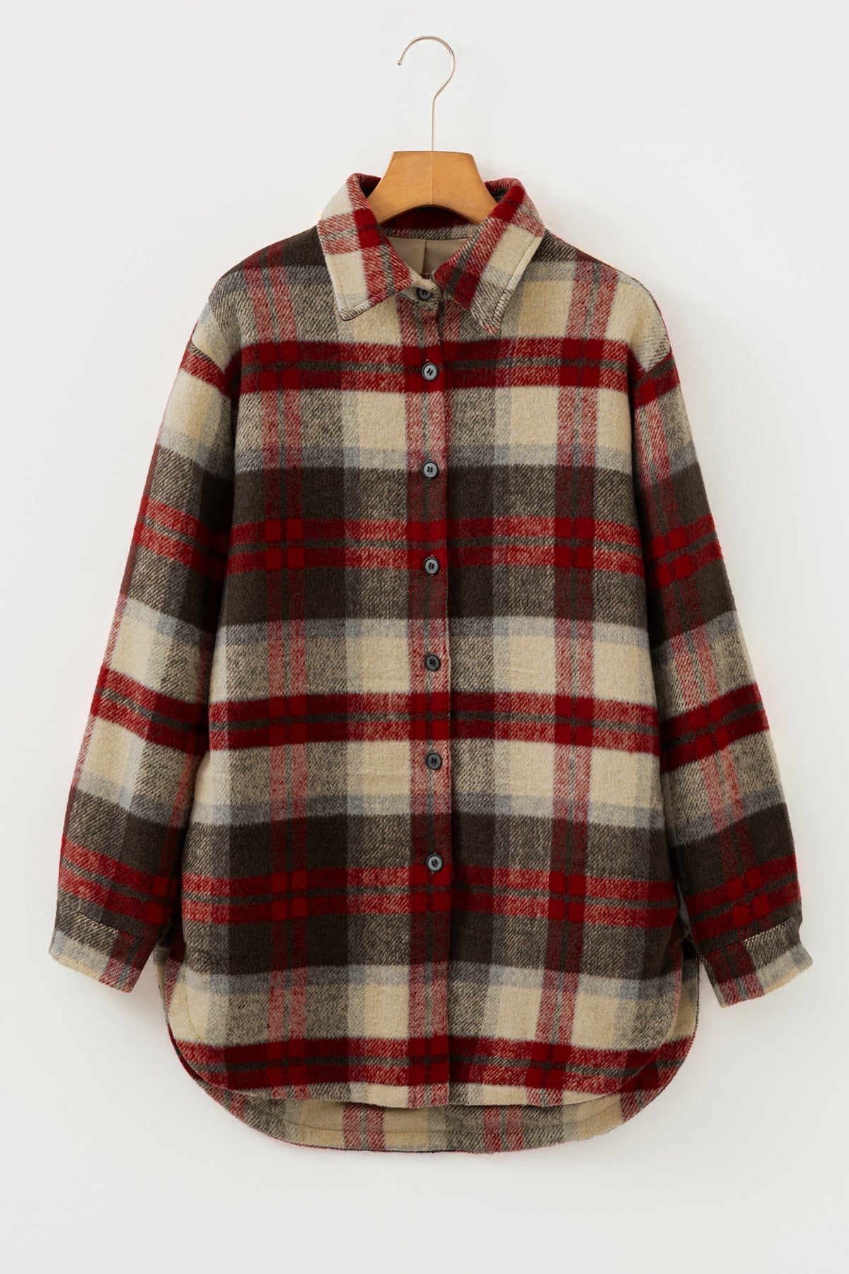 Red Brushed Plaid Buttoned Front Side Slit Tunic Shacket
