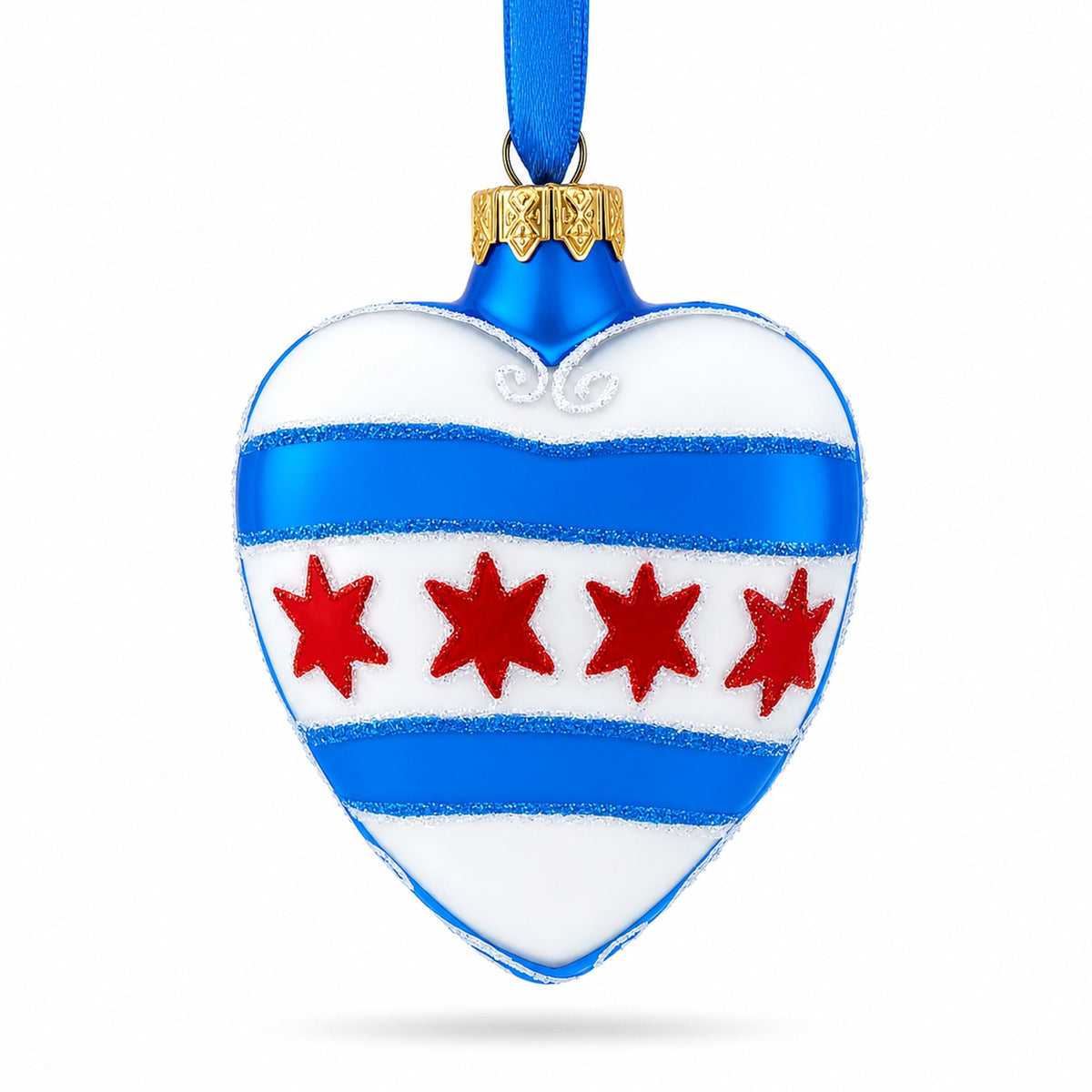 a blue and white heart shaped christmas ornament