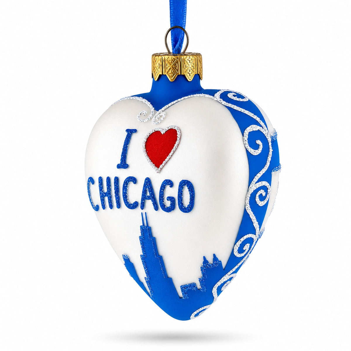a blue and white heart shaped ornament