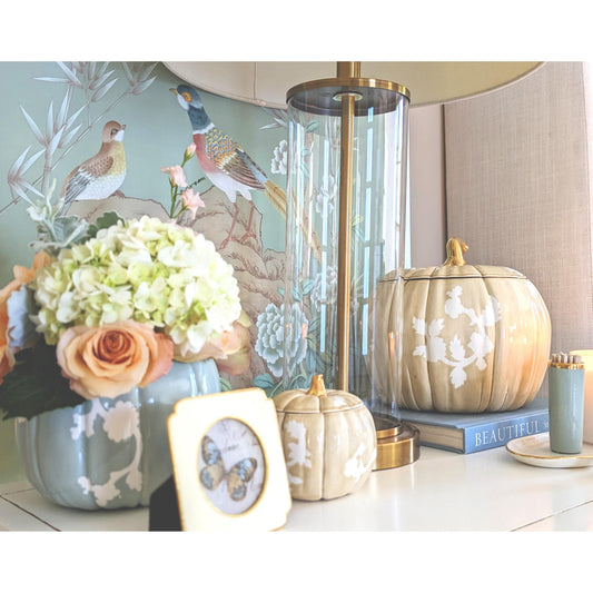 Chinoiserie Pumpkin Jars with 22K Gold Accents in Lamb's Ear