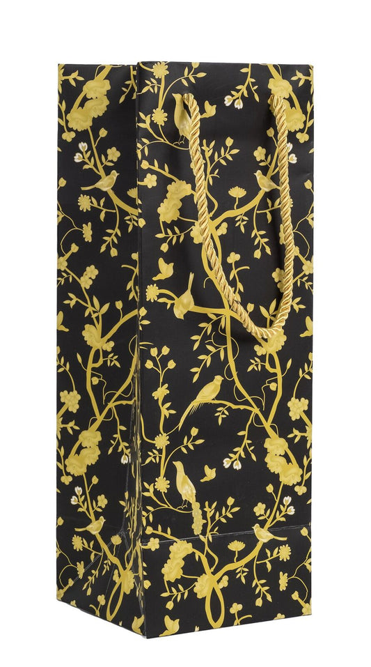 a black and gold bag with gold birds on it