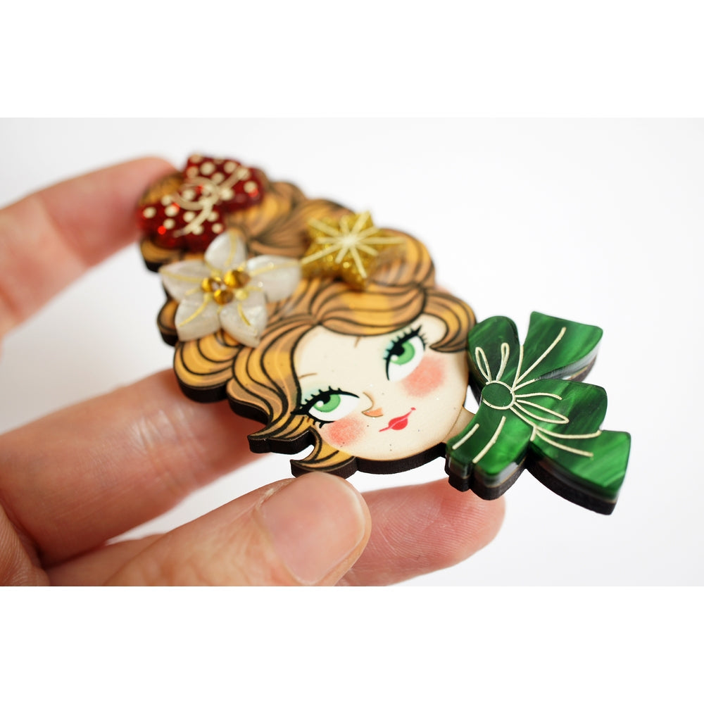 Christmas Blonde Hair Brooch with Earring Set by Laliblue – Retro Kitschy Statement Brooch for Collectors
