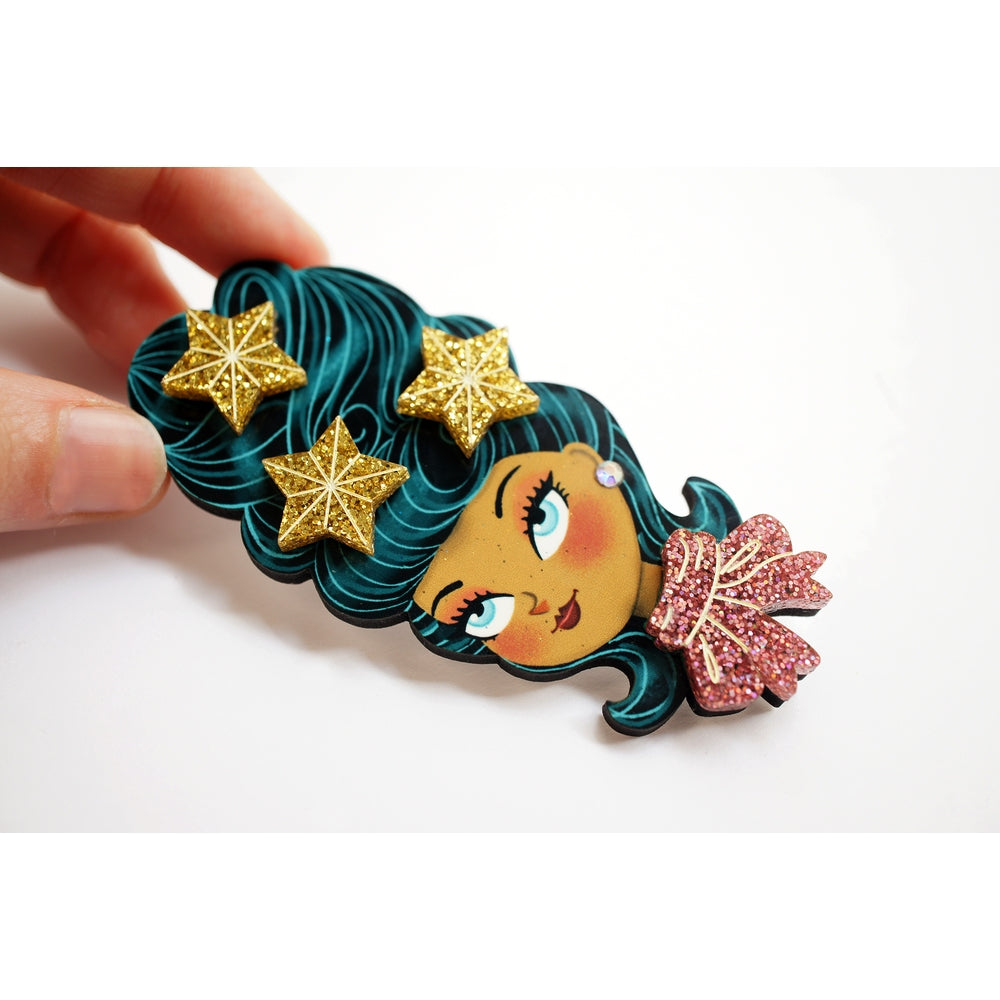 Christmas-Themed Brunette Hair Brooch with Earring Set by Laliblue – Retro Kitschy Statement Brooch for Collectors