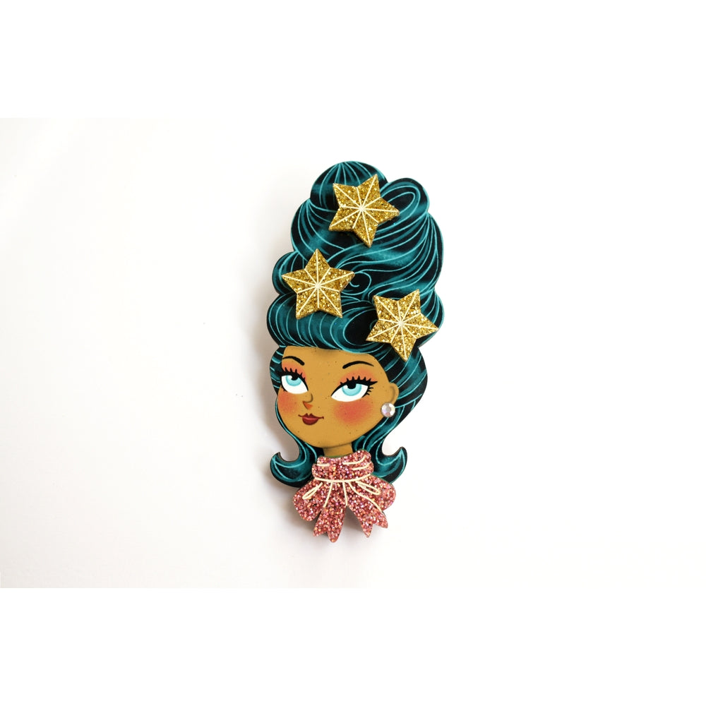 Christmas-Themed Brunette Hair Brooch with Earring Set by Laliblue – Retro Kitschy Statement Brooch for Collectors