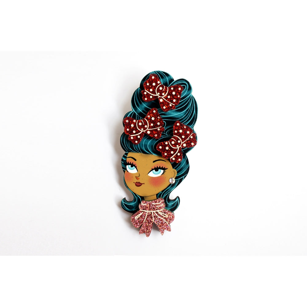 Christmas-Themed Brunette Hair Brooch with Earring Set by Laliblue – Retro Kitschy Statement Brooch for Collectors