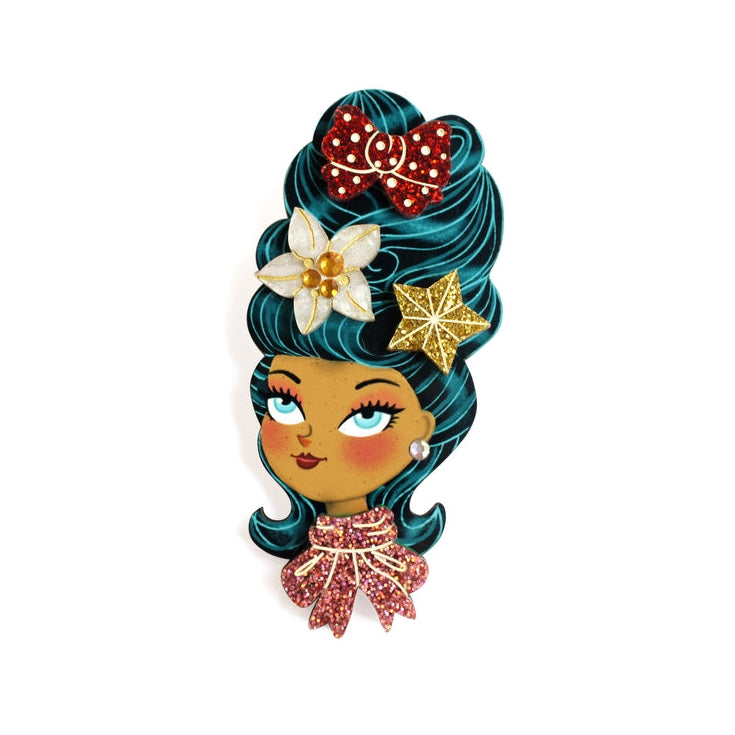 Christmas-Themed Brunette Hair Brooch with Earring Set by Laliblue – Retro Kitschy Statement Brooch for Collectors