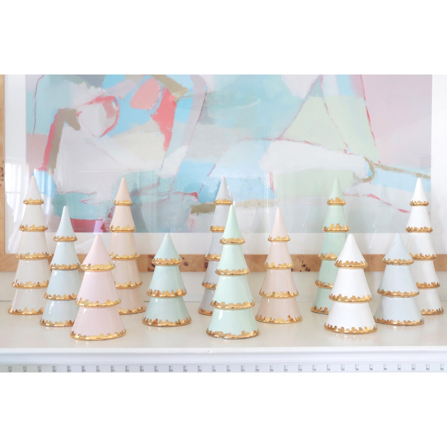 White Tiered Christmas Trees with 22K Gold Brushstroke Accent