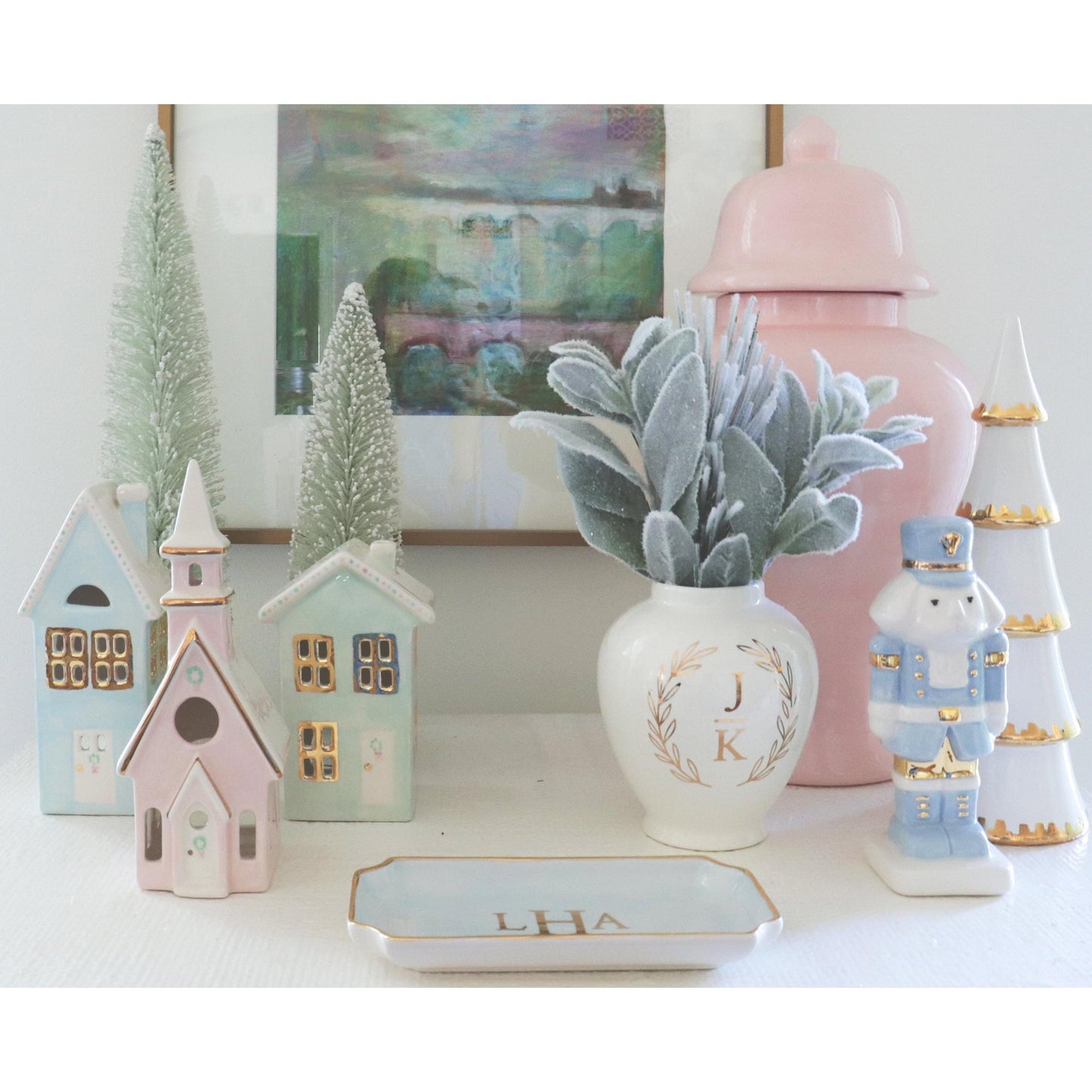 White Tiered Christmas Trees with 22K Gold Brushstroke Accent