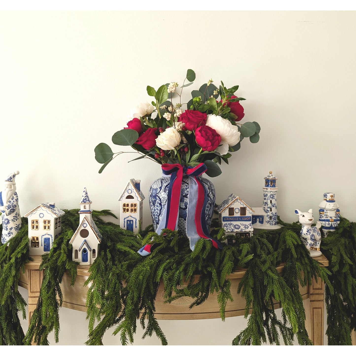 Blue and White Toile Christmas Village 3-Piece Set with 22K Gold Accents