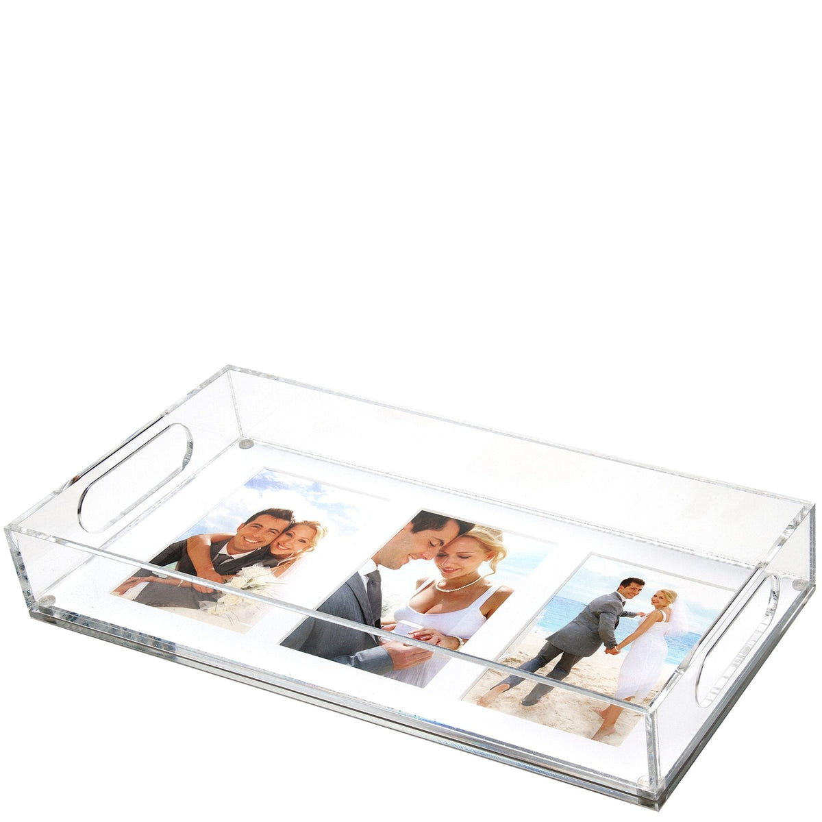 a clear tray with pictures of a couple in wedding attire