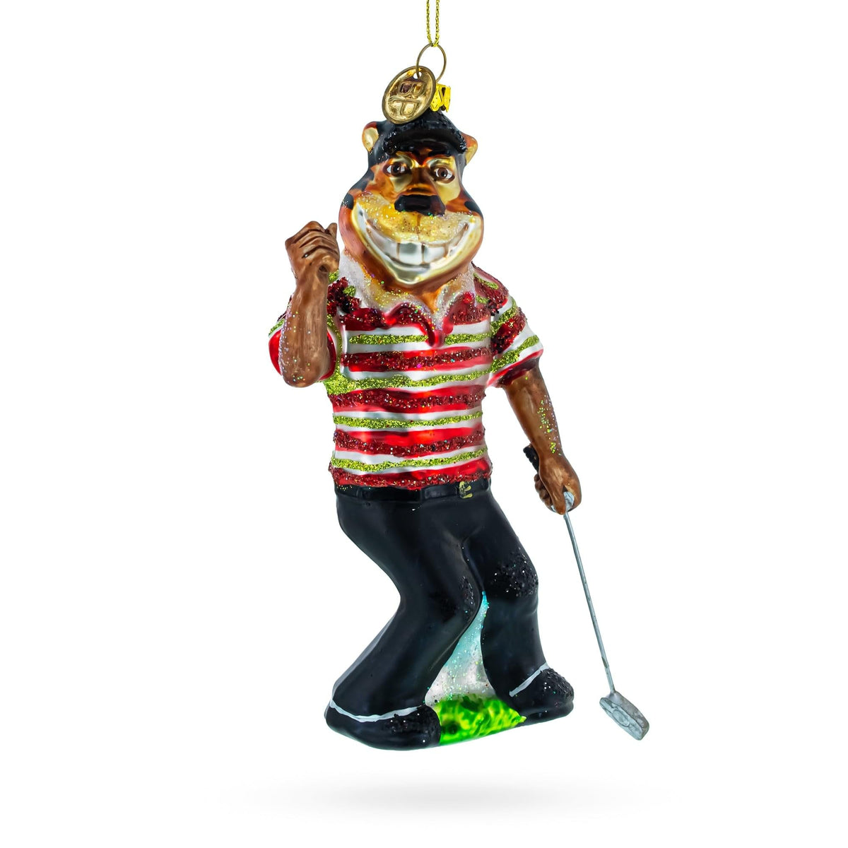 a christmas ornament of a bear holding a golf club