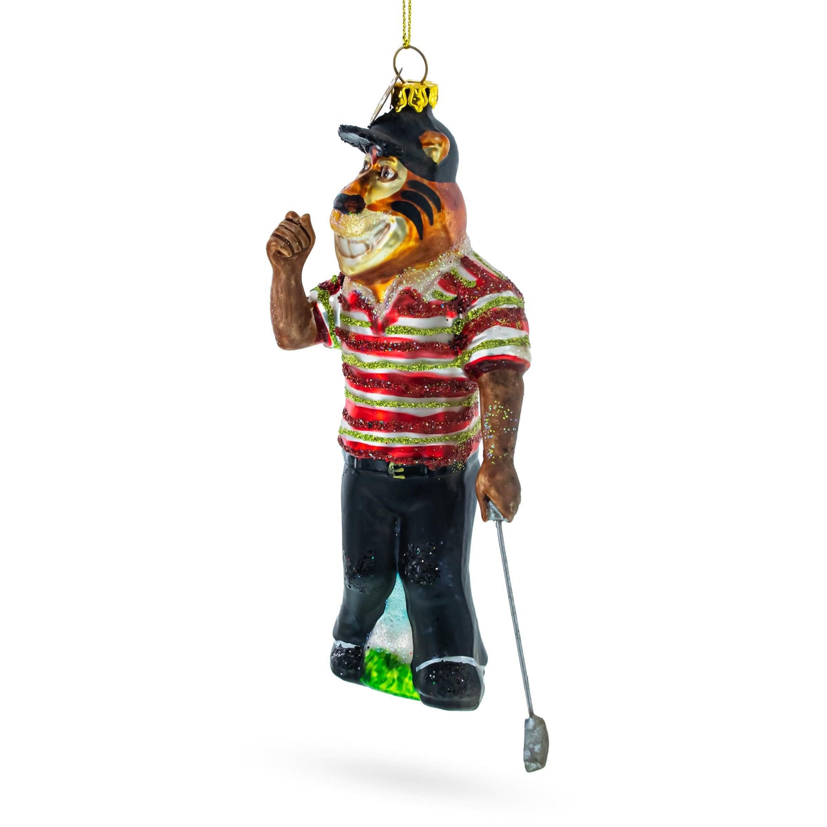 a christmas ornament of a tiger holding a golf club