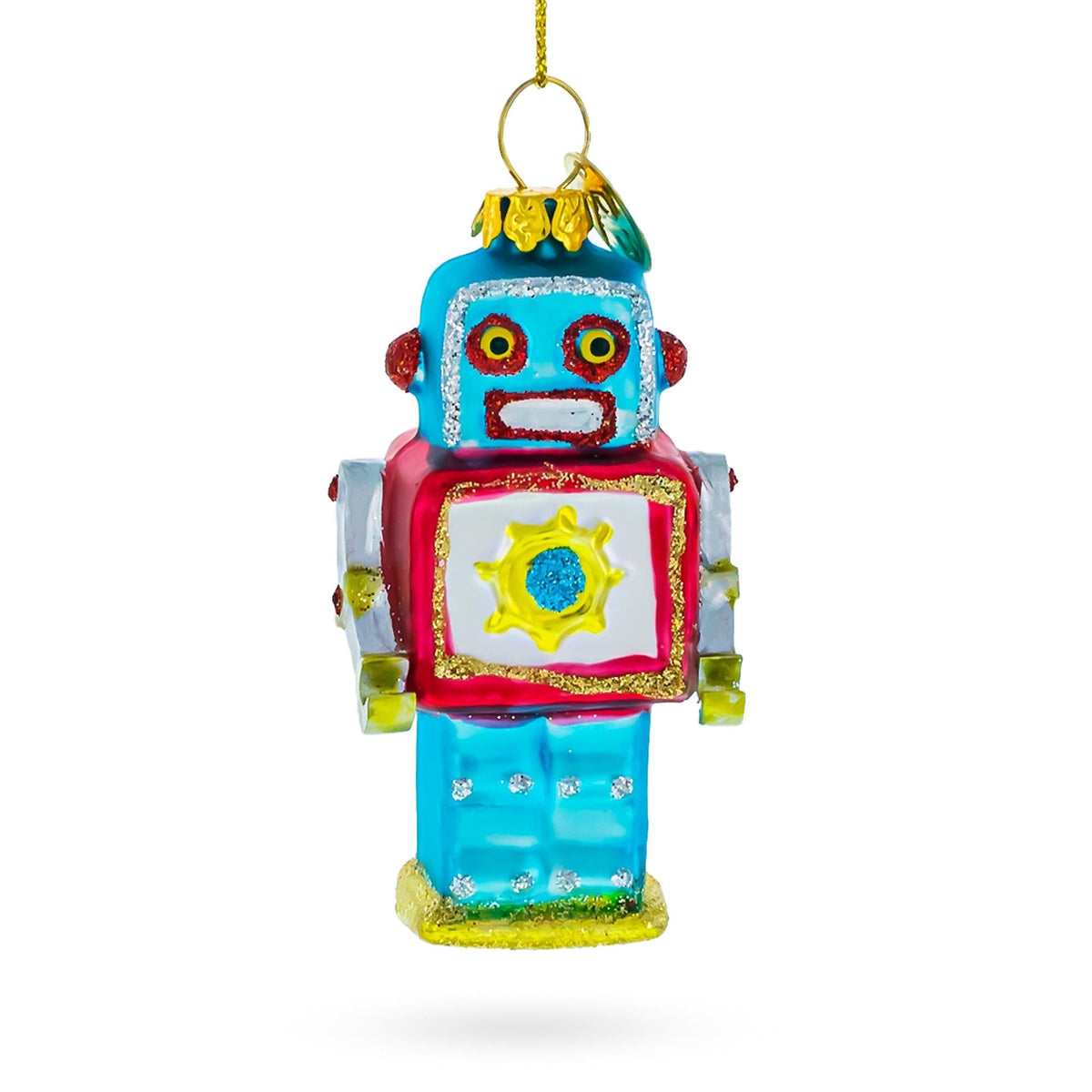 Quirky Square-Headed Robot Glass Christmas Ornament