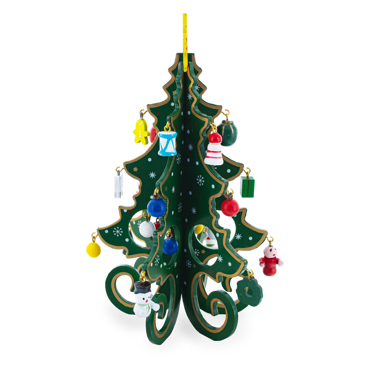 Wooden Tabletop Christmas Tree with Cute Miniature German Style Wooden Ornaments 7.5 Inches