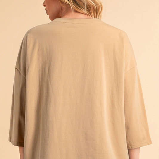 Camel Floral Star Patched 3/4 Sleeve T Shirt