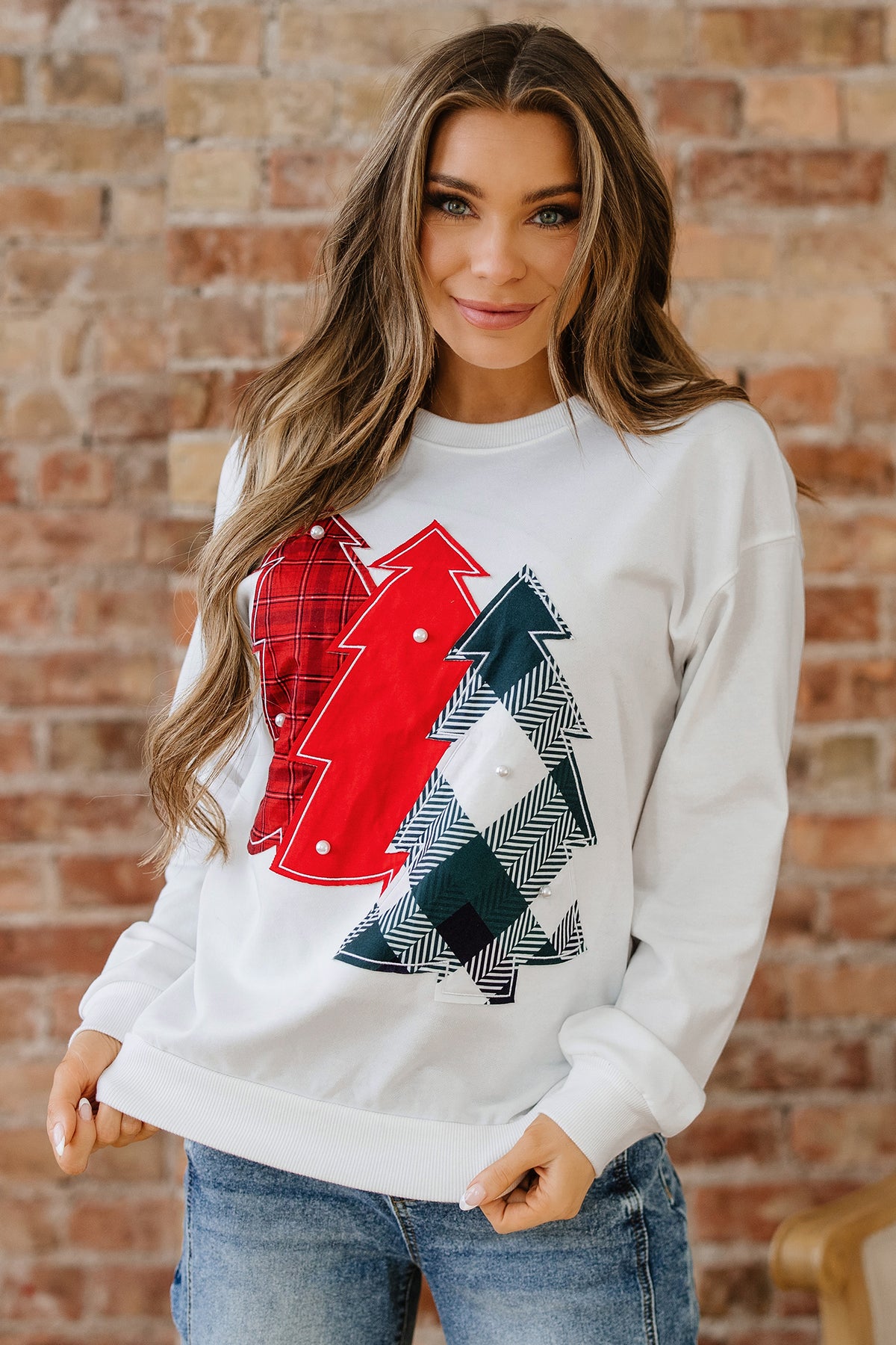 White Pearl Plaid Christmas Tree Patched Drop Shoulder Sweatshirt