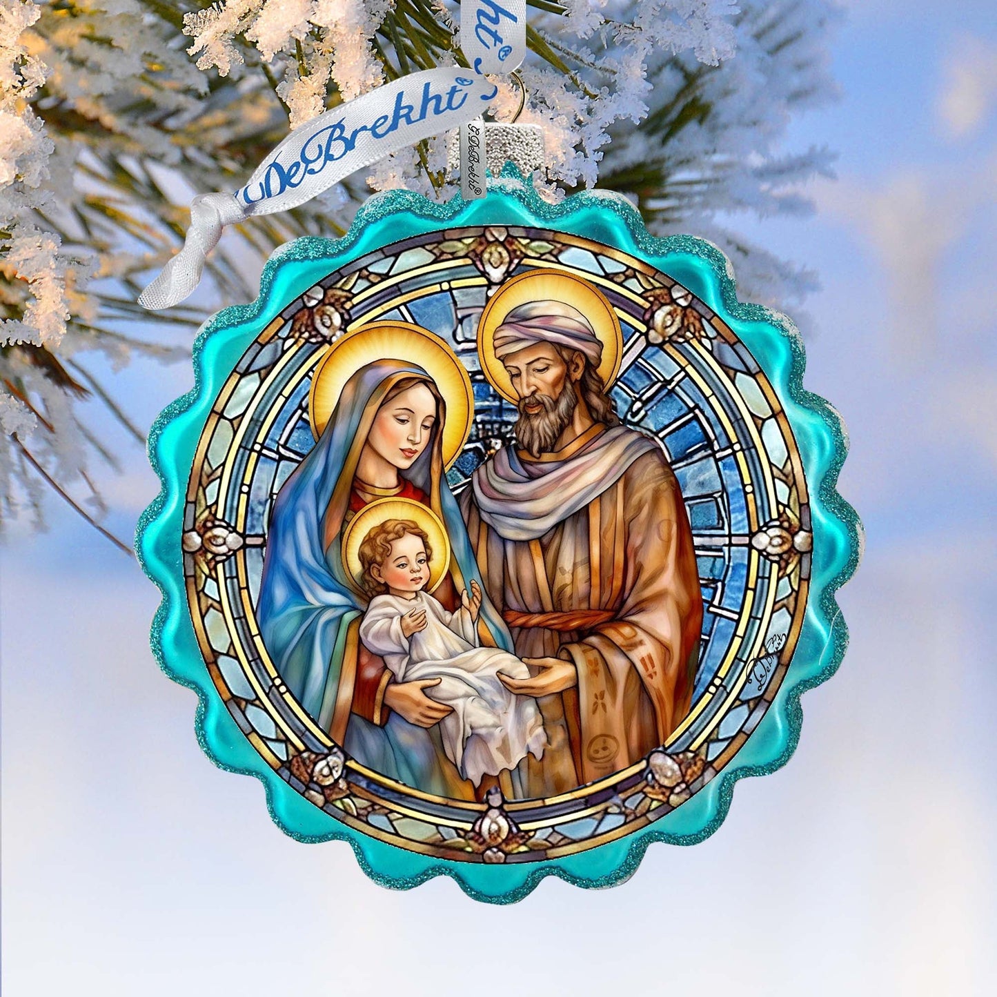 Classical Holy Family Wreath Glass Ornament by G. Debrekht - Nativity Holiday Decor - 759-057