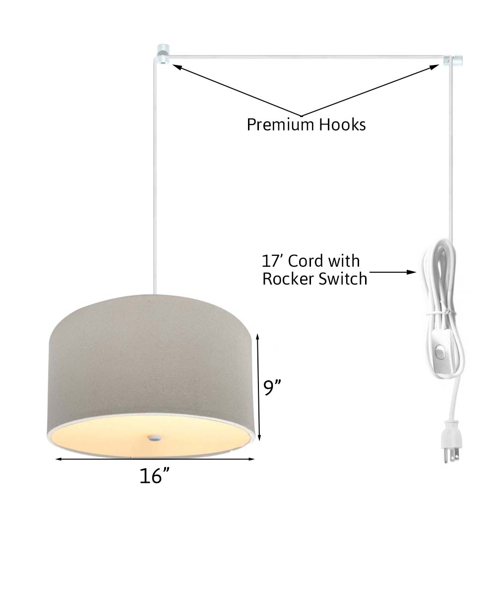 2 Light Swag Plug-In Pendant 16"w Light Oatmeal Linen Drum with Diffuser, White Cord