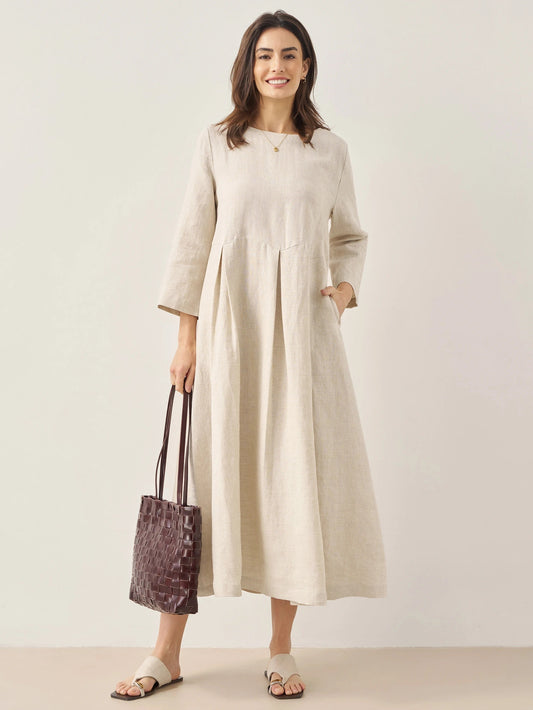 100% Linen Bateau Neck Pleated Midi Dress ABIGAIL