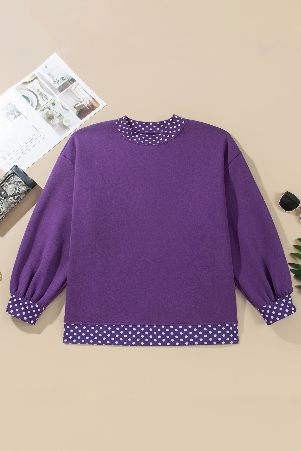 Racing Red Polka Dot Patchwork Round Neck Plus Size Sweatshirt