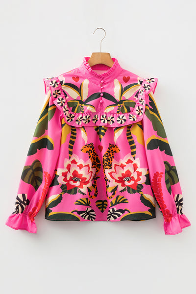 Rose Leopard Print Tropical Ruffle Blouse