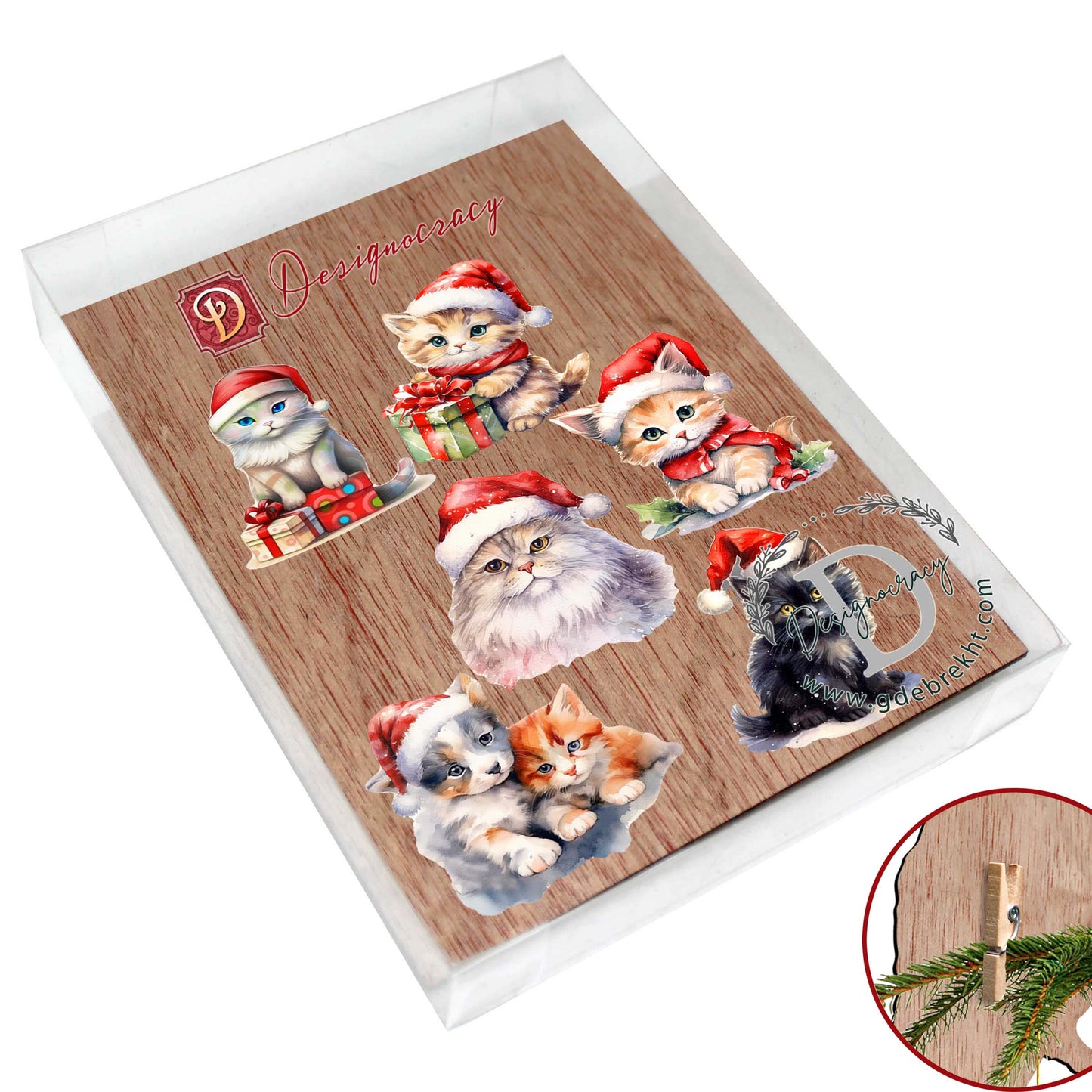 Christmas Cats Clip-On Eco Wood Decorative Ornaments Set of 6 by G. Debrekht - Christmas Decor - 8090016C-S6