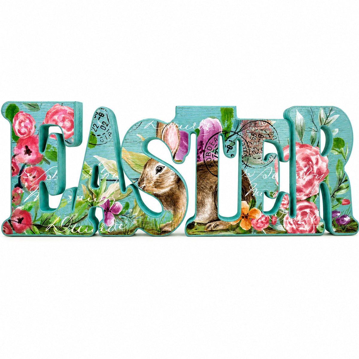 a blue sign with flowers and letters
