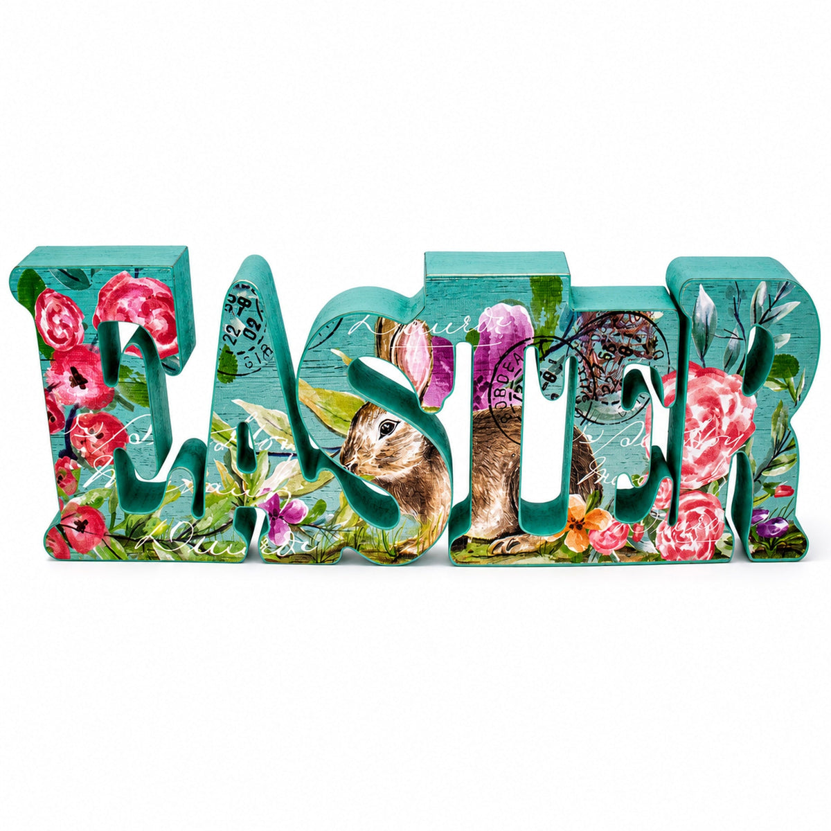 a painted wooden sign with flowers and a rabbit