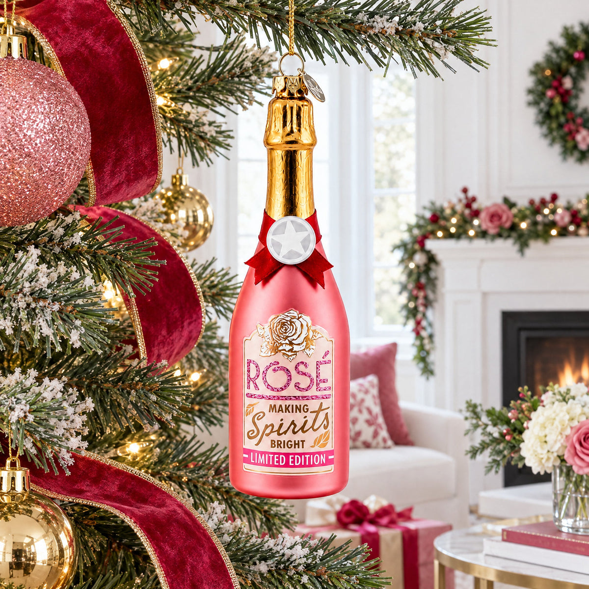 Rose Sparling Wine Bottle Glass Christmas Ornament