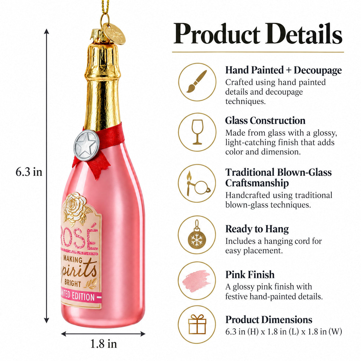 Rose Sparling Wine Bottle Glass Christmas Ornament