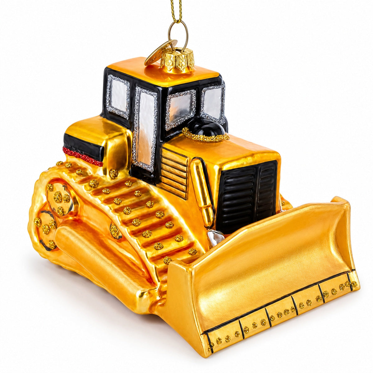 Tracked Bulldozer Construction Vehicle Glass Christmas Ornament