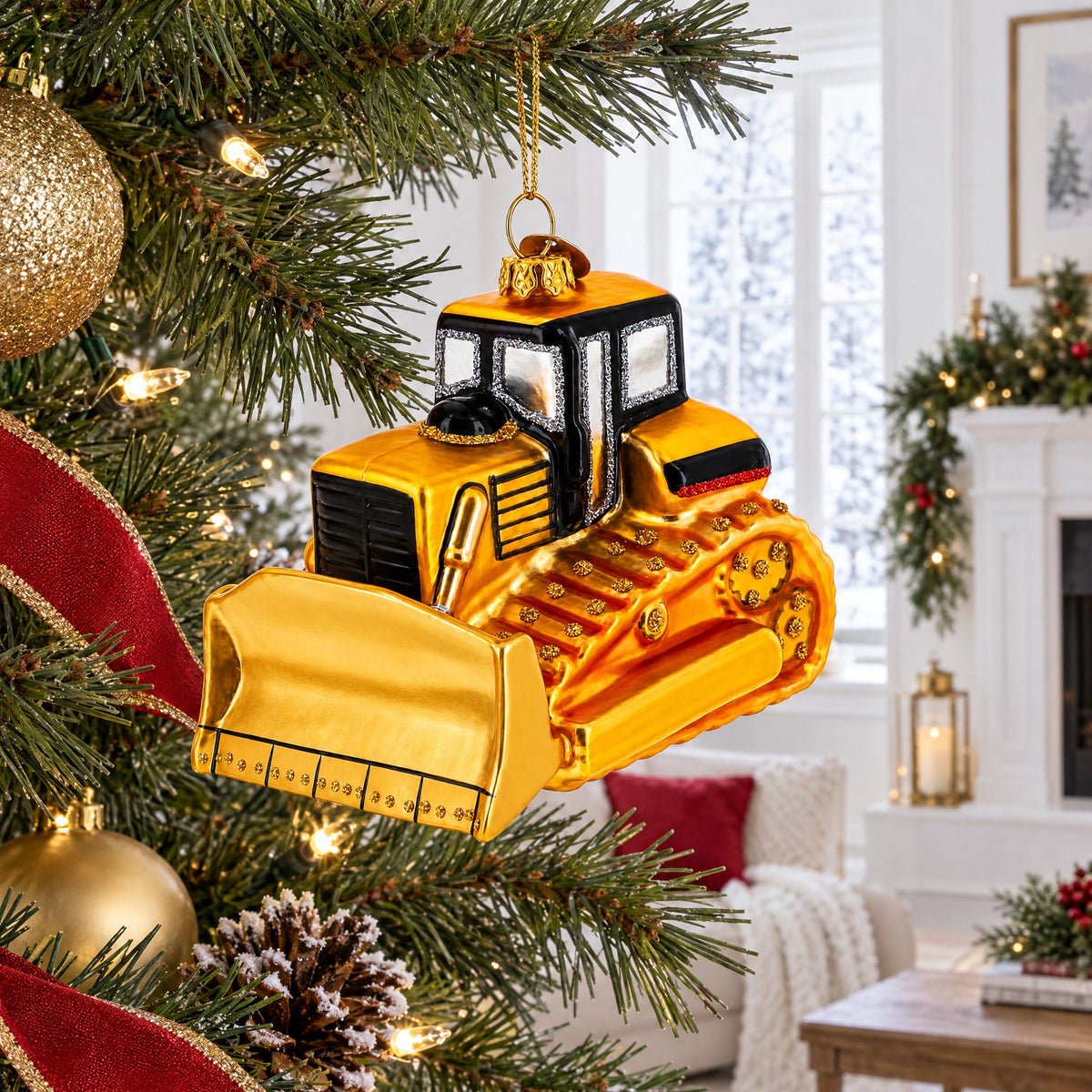 Tracked Bulldozer Construction Vehicle Glass Christmas Ornament